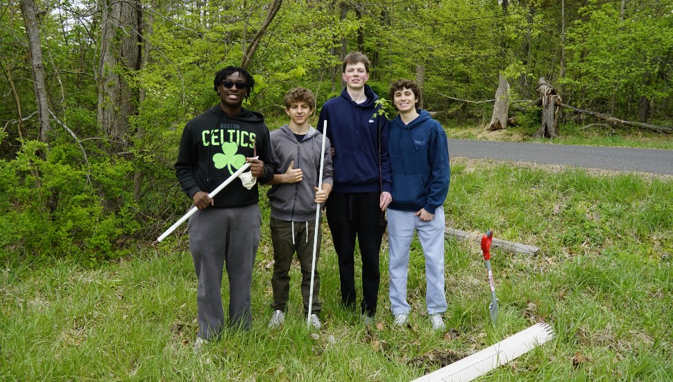 four boys help plant trees at Peace Valley Park