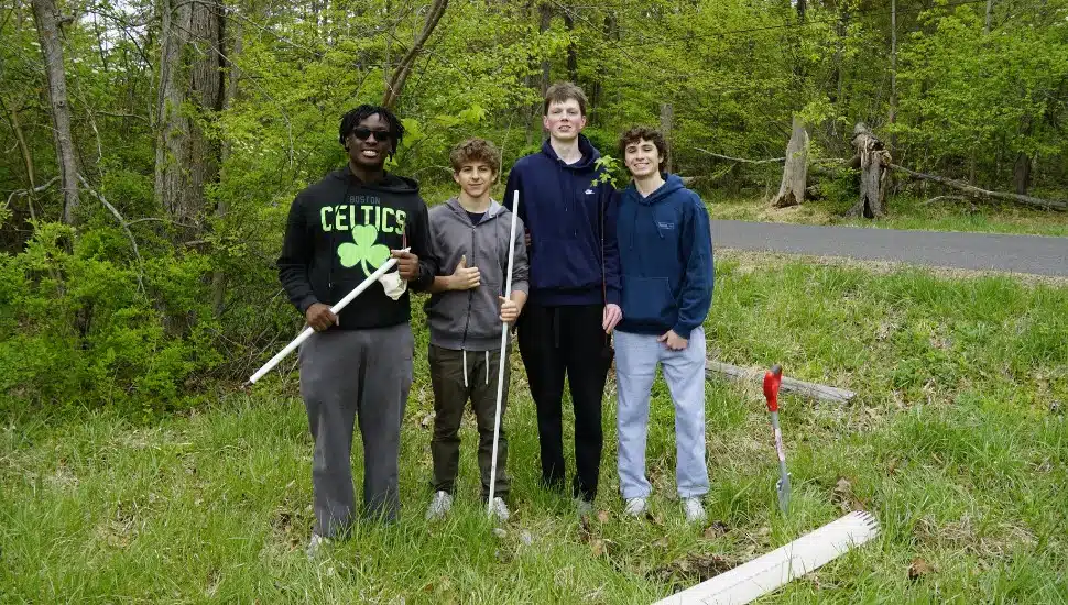 four boys help plant trees at Peace Valley Park