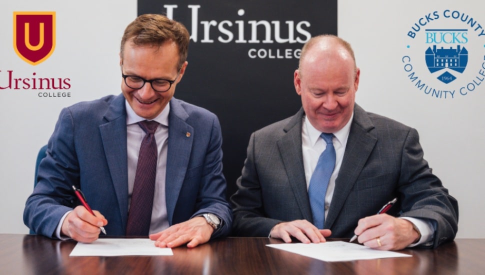 Ursinus College President Gundolf Graml, Ph.D. (left) and Bucks County Community College President & CEO Patrick M. Jones. Ph.D. (right) signed a new Dual Admission transfer agreement on June 10.