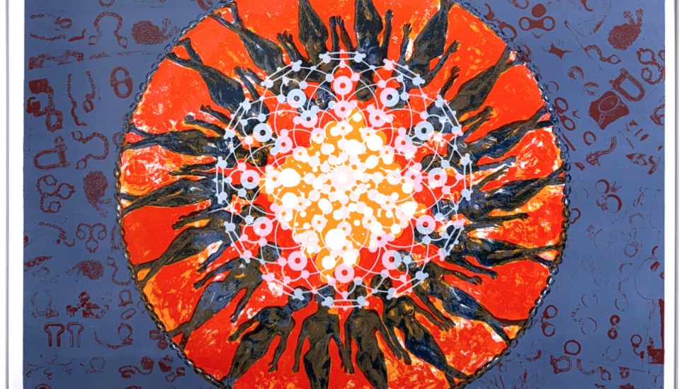 Printmaker Mikel Elam’s multi-color screenprint “Veil” (2019), selected from the personal collection of Past Present Projects founder Heather Moqtaderi, features a close-knit group of Black figures rising above the shackles of slavery, is part of the "Visions of America" exhibit.