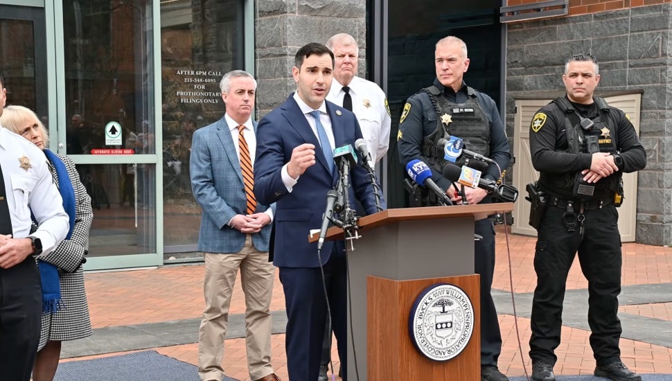 Bucks County Sheriff Daniel Ceisler speaks at a January press conference alongside law enforcement and county officials, outlining his office's renewed focus on domestic violence prevention.