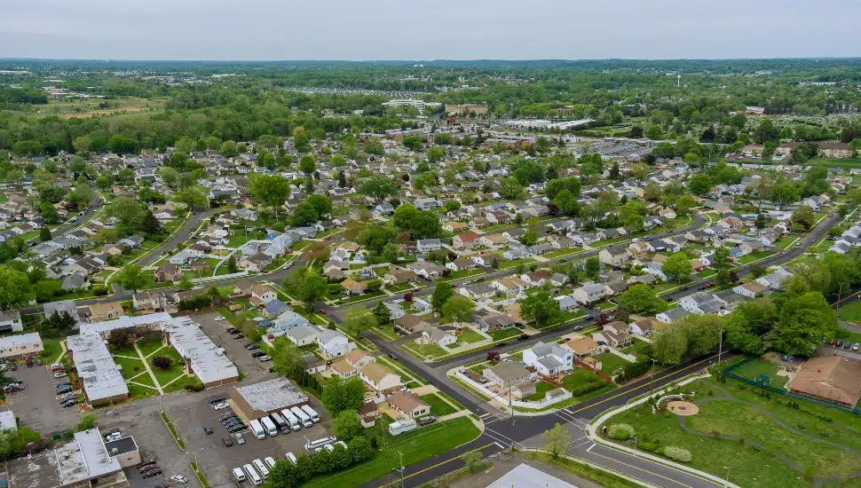 Flight with a drone over a with low houses in small town on a Bensalem.