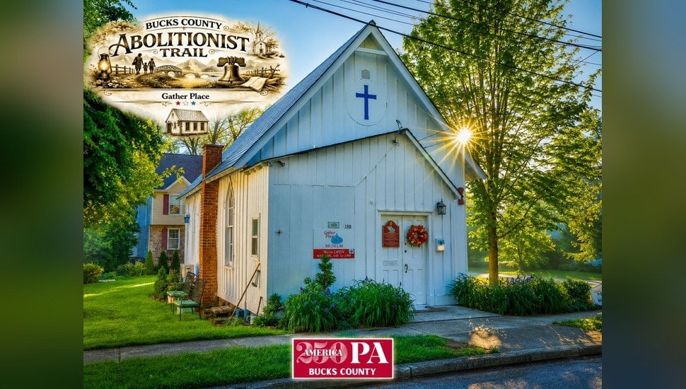 Gather Place museum, an 1877 AME Church in Yardley, Pa., displaying Bucks County Abolitionist Trail and America250 PA signage.