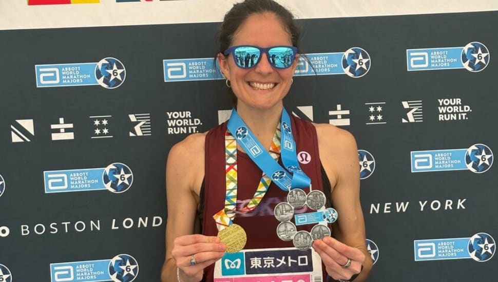 Morgan Leh displays her six Abbott World Marathon Majors medals after completing the Six Star Journey at the Tokyo Marathon in March.