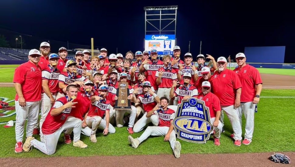 The Neshaminy High School Baseball team celebrates their PIAA Championship win.
