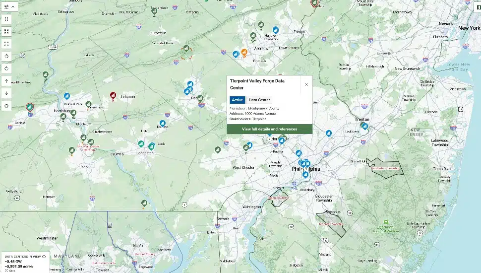 a Pennsylvania Data Center Proposal Tracker map.