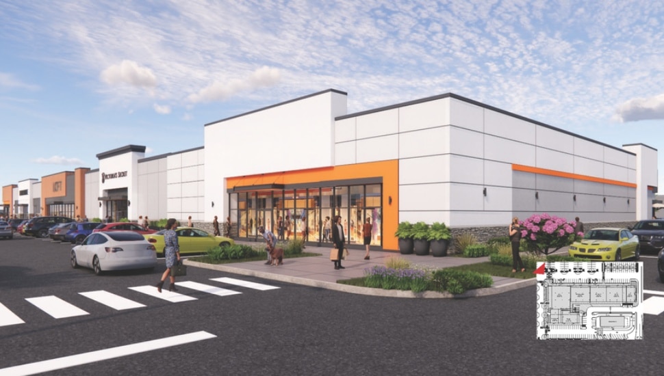 Architectural rendering of the Roosevelt Mall renovation in Northeast Philadelphia, showing a modernized retail building with orange accent panels, updated landscaping, pedestrian walkways, and Victoria's Secret visible in the background.
