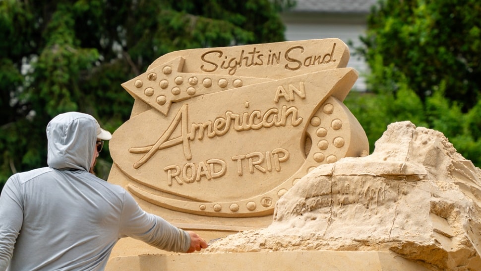 A sand sculptor puts the finishing touches on "An American Road Trip" at Peddler's Village, the newly crowned No. 1 shopping center in the country, and one of the many reasons Bucks County is worth exploring this weekend.