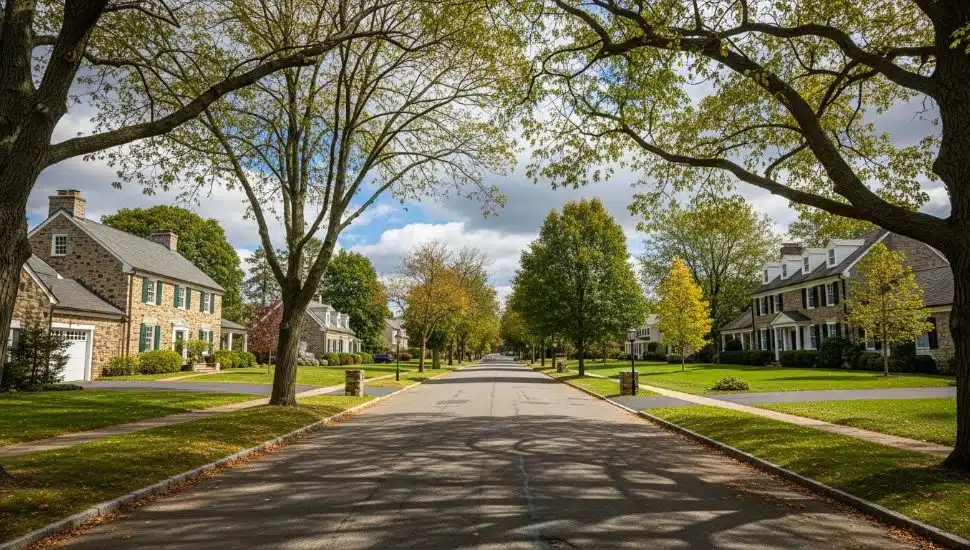 Stone colonial homes along a quiet Upper Makefield Township street.